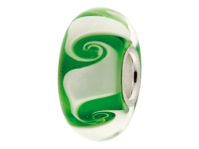 Glass Charm Bead, Green And White  Spiral Pattern, Sterling Silver    Core