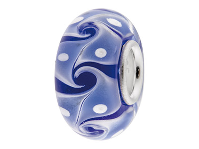 Glass Charm Bead, Blue With Blue   And White Abstract Pattern,        Sterling Silver Core