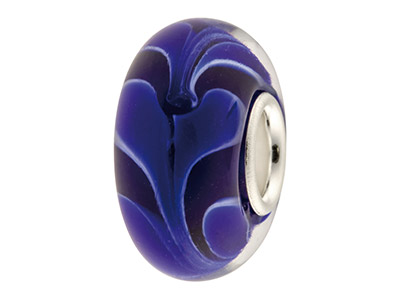 Glass Charm Bead, Black With Blue  And White Swirl, Sterling Silver   Core