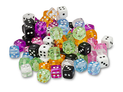 Plastic Dice, 9mm, Mixed Colours,  Pack of 100