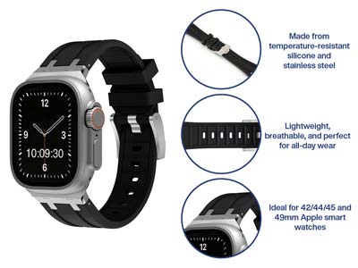 Black Silicone Strap For Apple     Watch, Compatible With             42/44/45/49mm Models - Standard Image - 5