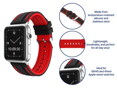 Black And Red Dual Tone Silicone   Strap For Apple Watch, Compatible  With 38/40/41mm Models - Standard Image - 5