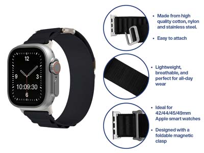 Black Fabric Strap For Apple Watch, Compatible With 42/44/45/49mm       Models - Standard Image - 4