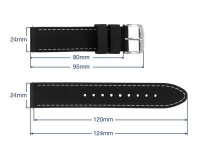 Black And Grey Stitched Silicone   Watch Strap, Quick Release Pins,   24mm - Standard Image - 3
