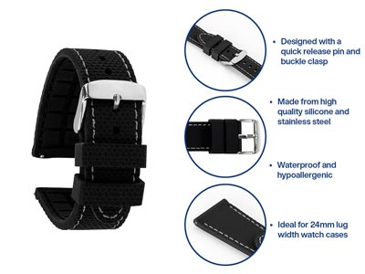 Black And Grey Stitched Silicone   Watch Strap, Quick Release Pins,   24mm - Standard Image - 4