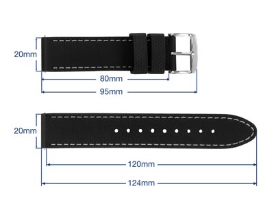 Black And Grey Stitched Silicone   Watch Strap, Quick Release Pins,   20mm - Standard Image - 3