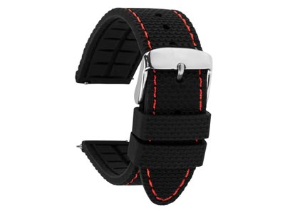 Black And Red Stitched Silicone    Watch Strap, Quick Release Pins,   20mm - Standard Image - 1