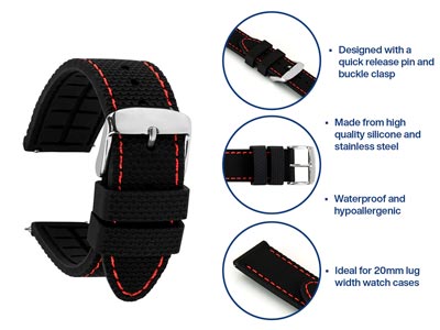 Black And Red Stitched Silicone    Watch Strap, Quick Release Pins,   20mm - Standard Image - 4