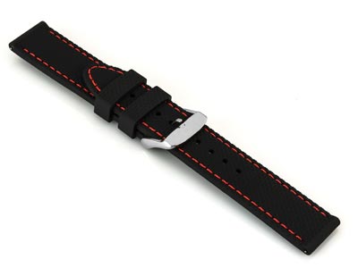 Black And Red Stitched Silicone    Watch Strap, Quick Release Pins,   24mm - Standard Image - 2