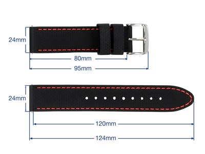 Black And Red Stitched Silicone    Watch Strap, Quick Release Pins,   24mm - Standard Image - 3