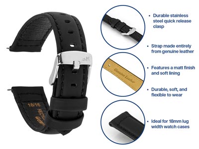 Black Capri Genuine Leather Watch  Strap, 18mm - Standard Image - 4