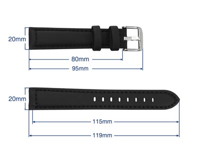 Black Capri Genuine Leather Watch  Strap, 20mm - Standard Image - 3