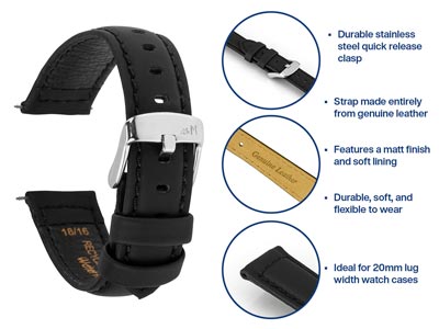 Black Capri Genuine Leather Watch  Strap, 20mm - Standard Image - 4