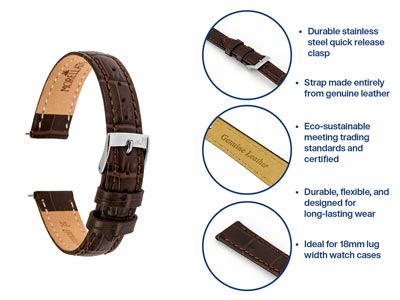 Dark Brown Bolle Genuine Leather   Watch Strap, 18mm - Standard Image - 4