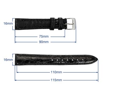 Black Italian Genuine Crocodile    Leather Watch Strap, 16mm - Standard Image - 3