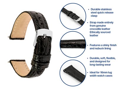 Black Italian Genuine Crocodile    Leather Watch Strap, 16mm - Standard Image - 4