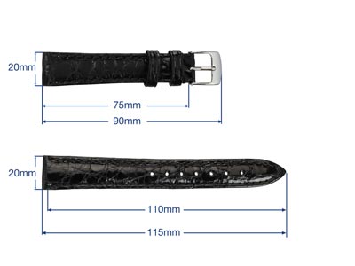 Black Italian Genuine Crocodile    Leather Watch Strap, 20mm - Standard Image - 3