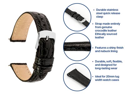 Black Italian Genuine Crocodile    Leather Watch Strap, 20mm - Standard Image - 4