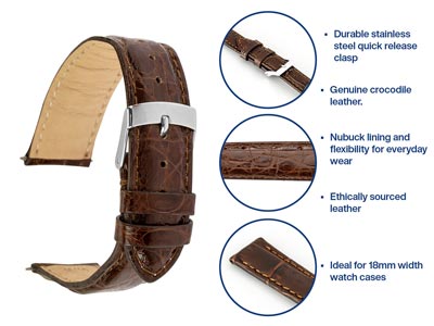 Medium Brown Italian Genuine       Crocodile Watch Strap, 18mm - Standard Image - 4