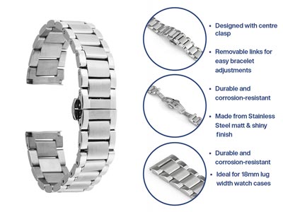 Stainless Steel Watch Bracelet,    Centre Clasp, 18mm - Standard Image - 5
