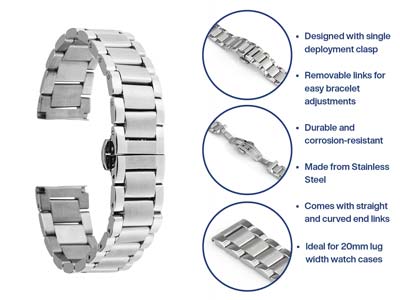 Stainless Steel Watch Bracelet,    Centre Clasp, 20mm - Standard Image - 5