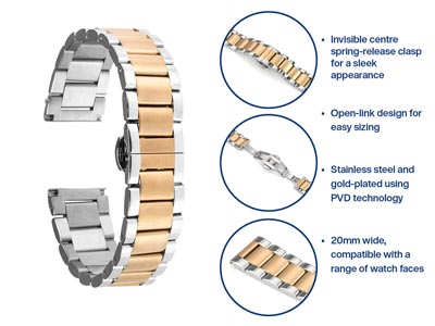 Dual Tone Stainless Steel And Gold Bracelet, Centre Clasp, 20mm - Standard Image - 5