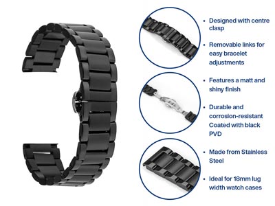 Black Stainless Steel Watch        Bracelet, Centre Clasp, 18mm - Standard Image - 5