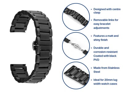 Black Stainless Steel Watch        Bracelet, Centre Clasp, 20mm - Standard Image - 5