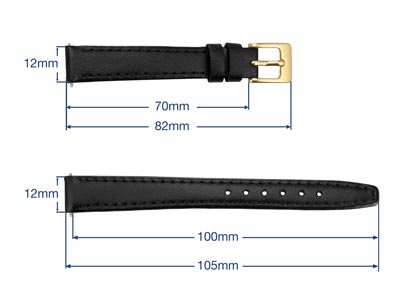 Black Genuine Calf Leather Watch   Strap, 12mm - Standard Image - 3
