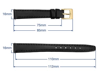 Black Genuine Calf Leather Watch   Strap, 16mm - Standard Image - 3