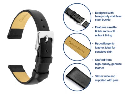 Black Genuine Calf Leather Watch   Strap, 16mm - Standard Image - 4
