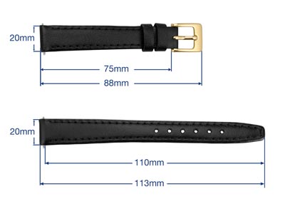Black Genuine Calf Leather Watch   Strap, 20mm - Standard Image - 3