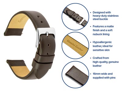 Brown Genuine Calf Leather Watch   Strap, 16mm - Standard Image - 4