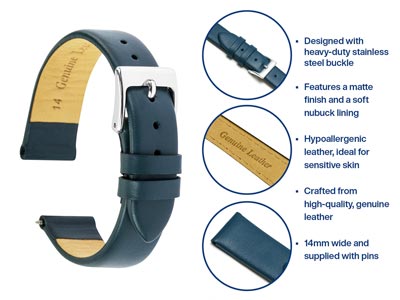Dark Blue Genuine Calf Leather     Watch Strap, 14mm - Standard Image - 4