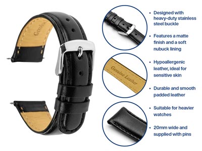 Black Genuine Calf Leather Padded  Watch Strap, 20mm - Standard Image - 4