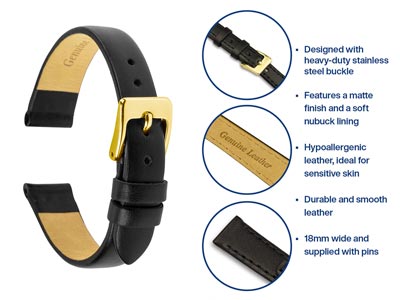 Black Stitched Genuine Calf Leather Watch Strap, 18mm - Standard Image - 4