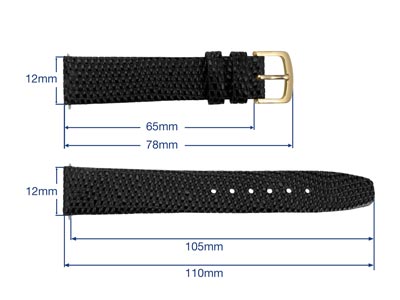 Black Genuine Calf Leather, Lizard Grain Watch Strap, 12mm - Standard Image - 3