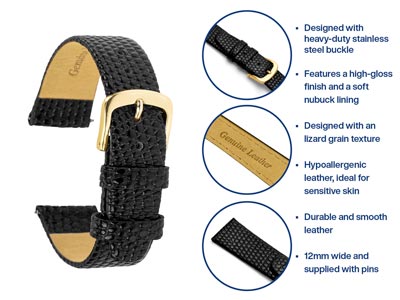 Black Genuine Calf Leather, Lizard Grain Watch Strap, 12mm - Standard Image - 4