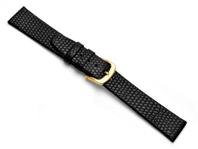 Black Genuine Calf Leather, Lizard Grain Watch Strap, 18mm - Standard Image - 2