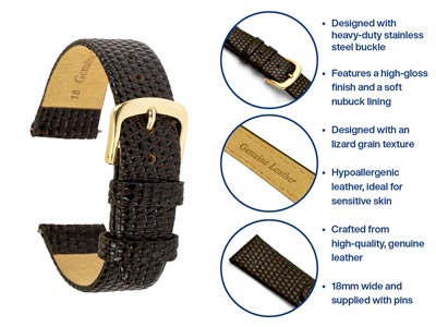 Brown Genuine Calf Leather, Lizard Grain Watch Strap, 18mm - Standard Image - 4
