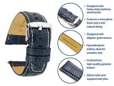 Blue Genuine Calf Leather,         Alligator Grain Watch Strap, 22mm - Standard Image - 4