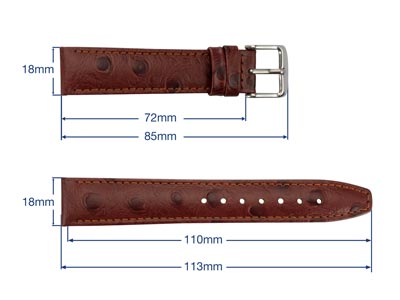 Brown Genuine Calf Leather, Ostrich Grain Watch Strap, 18mm - Standard Image - 3