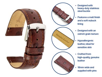 Brown Genuine Calf Leather, Ostrich Grain Watch Strap, 18mm - Standard Image - 4