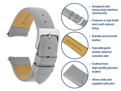 Grey Genuine Calf Leather Watch    Strap, 18mm - Standard Image - 4