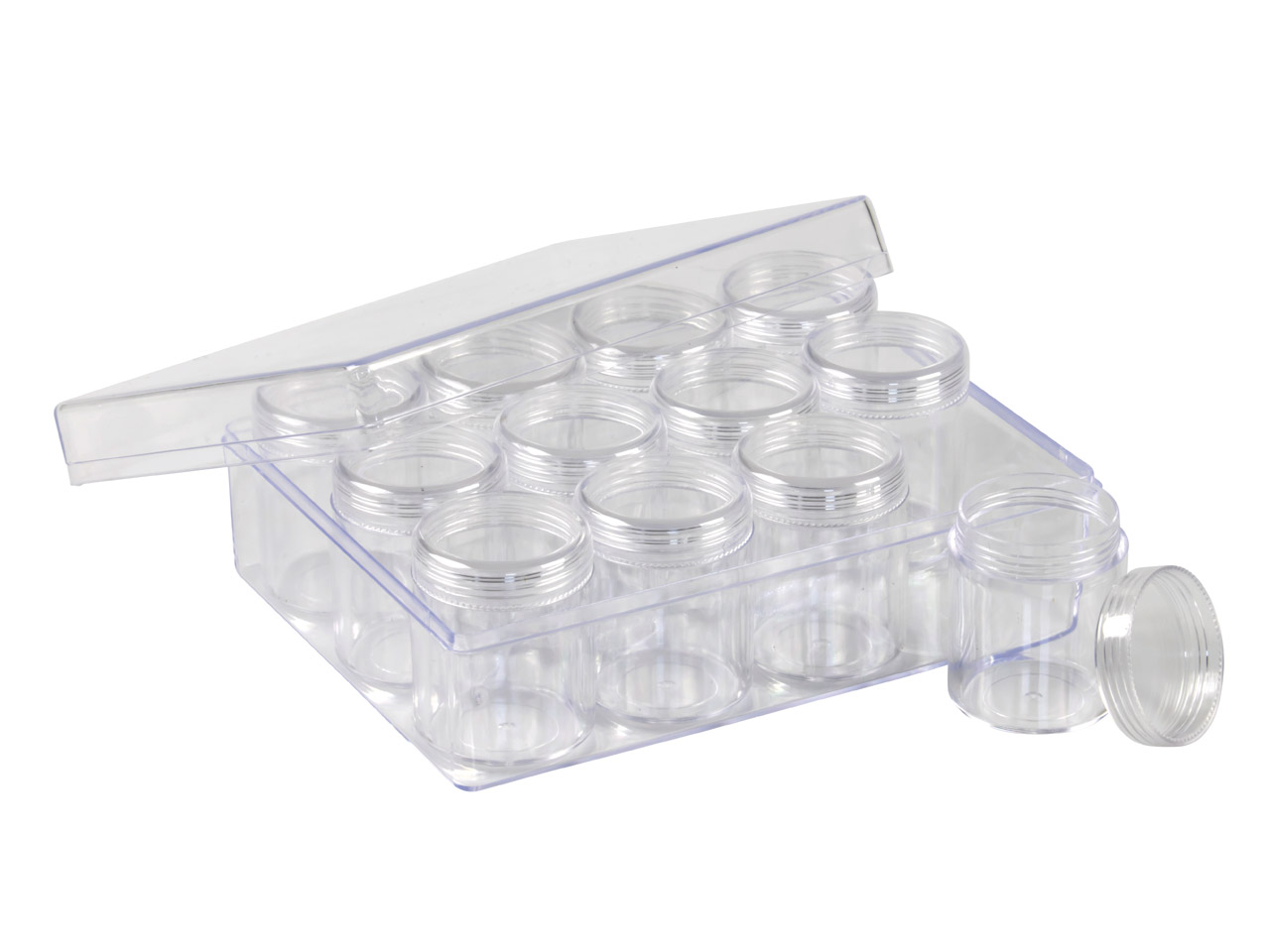 Clear Bead Storage Jar Set, 12 Large Jars In A Clear Box