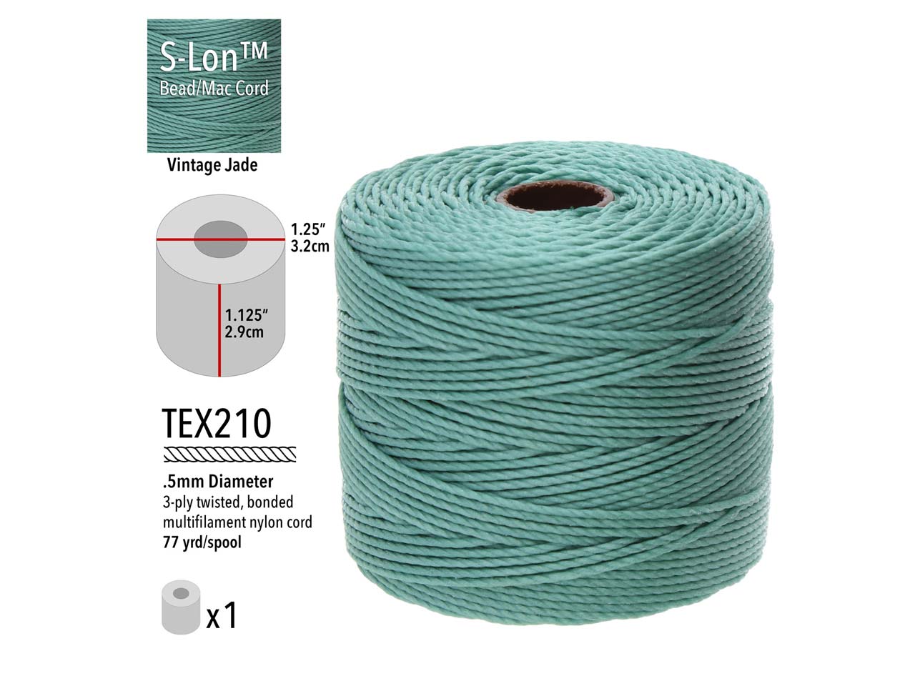 Beadsmith Slon Bead Cord Vintage Jade Tex 210 Gauge 18 70m