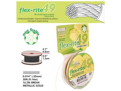 Beadsmith Flexrite, 49 Strand,     Metallic Satin Gold, 0.36mm, 9.1m - Standard Image - 3