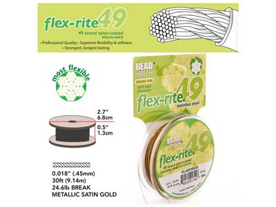 Beadsmith Flexrite, 49 Strand,     Metallic Satin Gold, 0.45mm, 9.1m - Standard Image - 3
