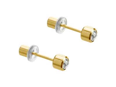 Safe Pierce Pro Gold Plated 4mm    Bezel Set 3mm Clear Crystal Hat    Back Ear Piercing Studs