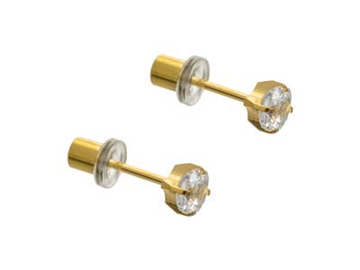 24ct Gold Plated Pair 4mm Princess Cut Clear Cubic Zirconia Stud, For Use With Safe Pierce Pro Piercing  Instrument
